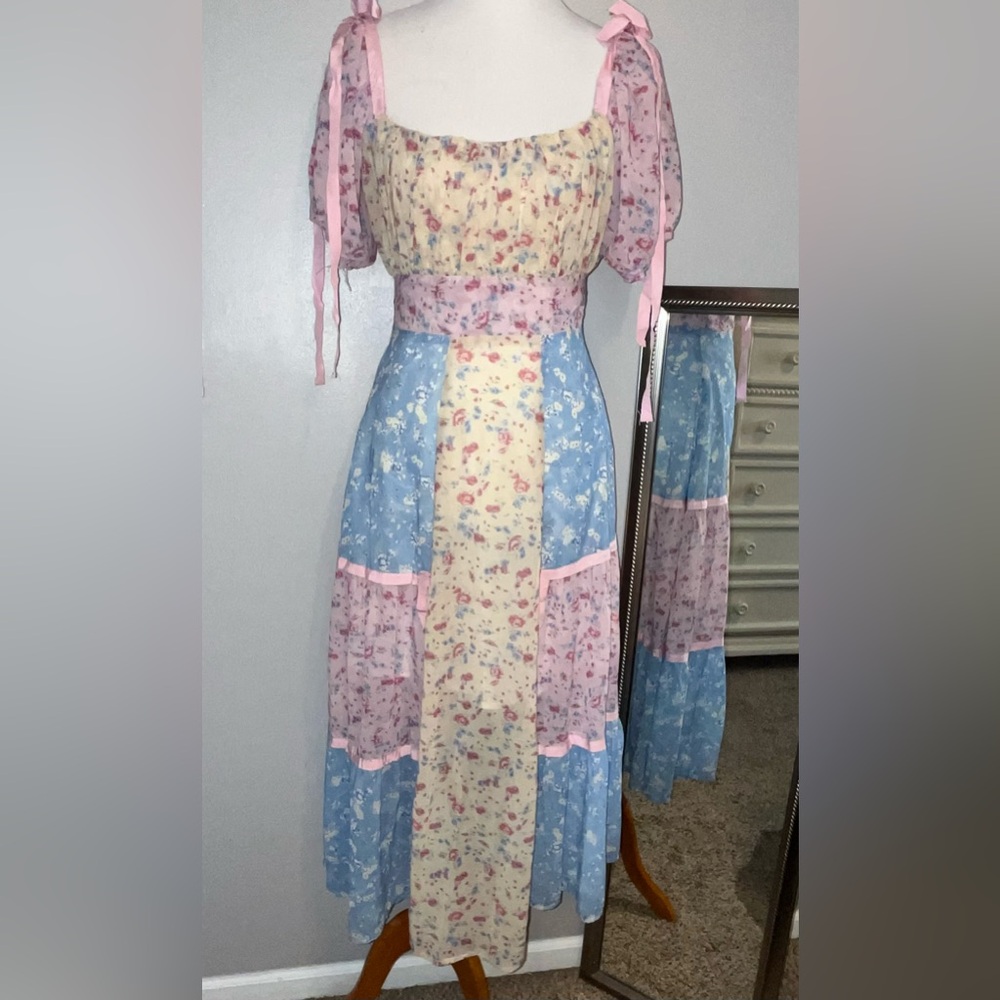 Yvonne & Love rose jaune bleu fleurs manches bouffantes maxi boho (taille M) - Picture 8 of 17